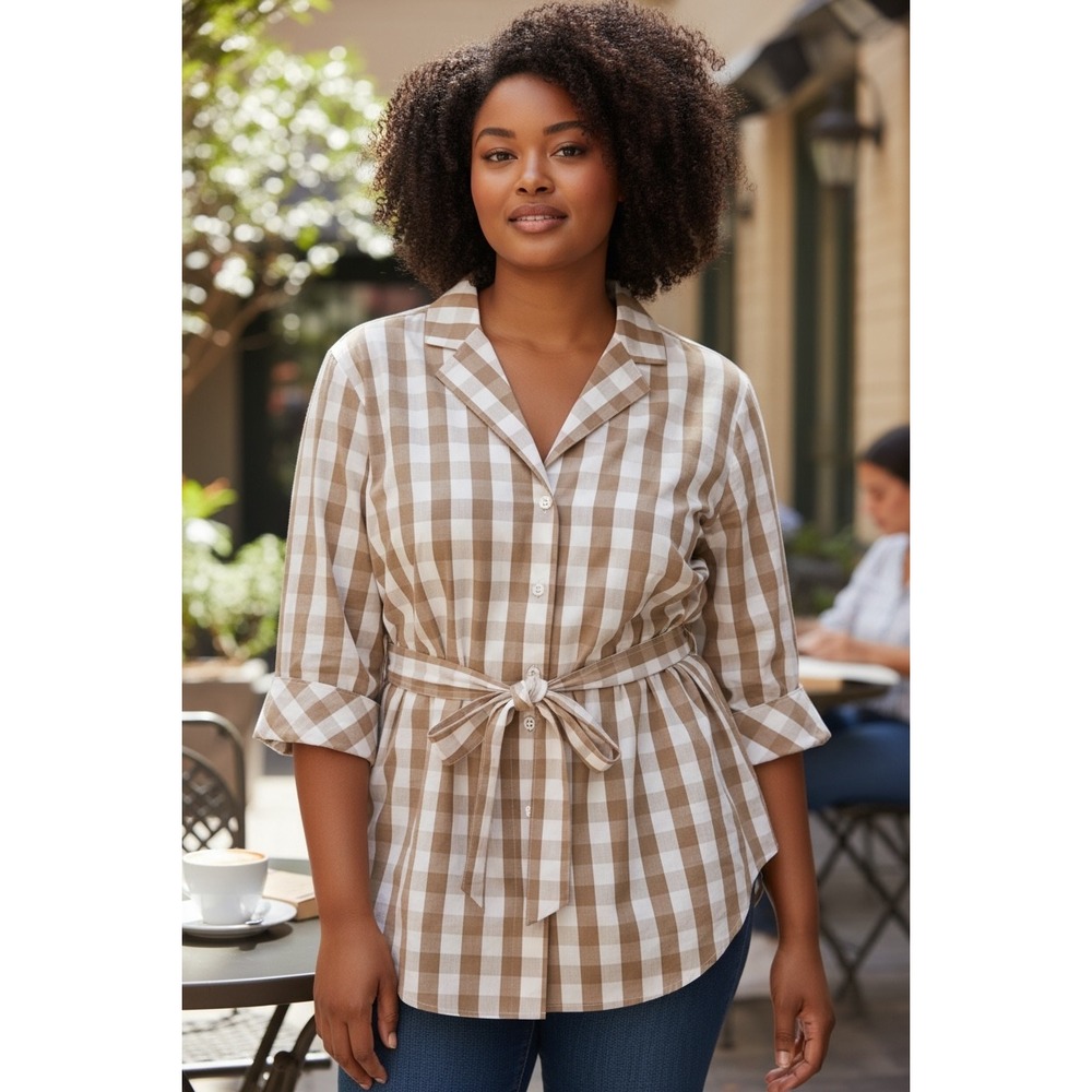 Kate Hill Woman Khaki Gingham Check Belted Button Up Shirt 3X NEW